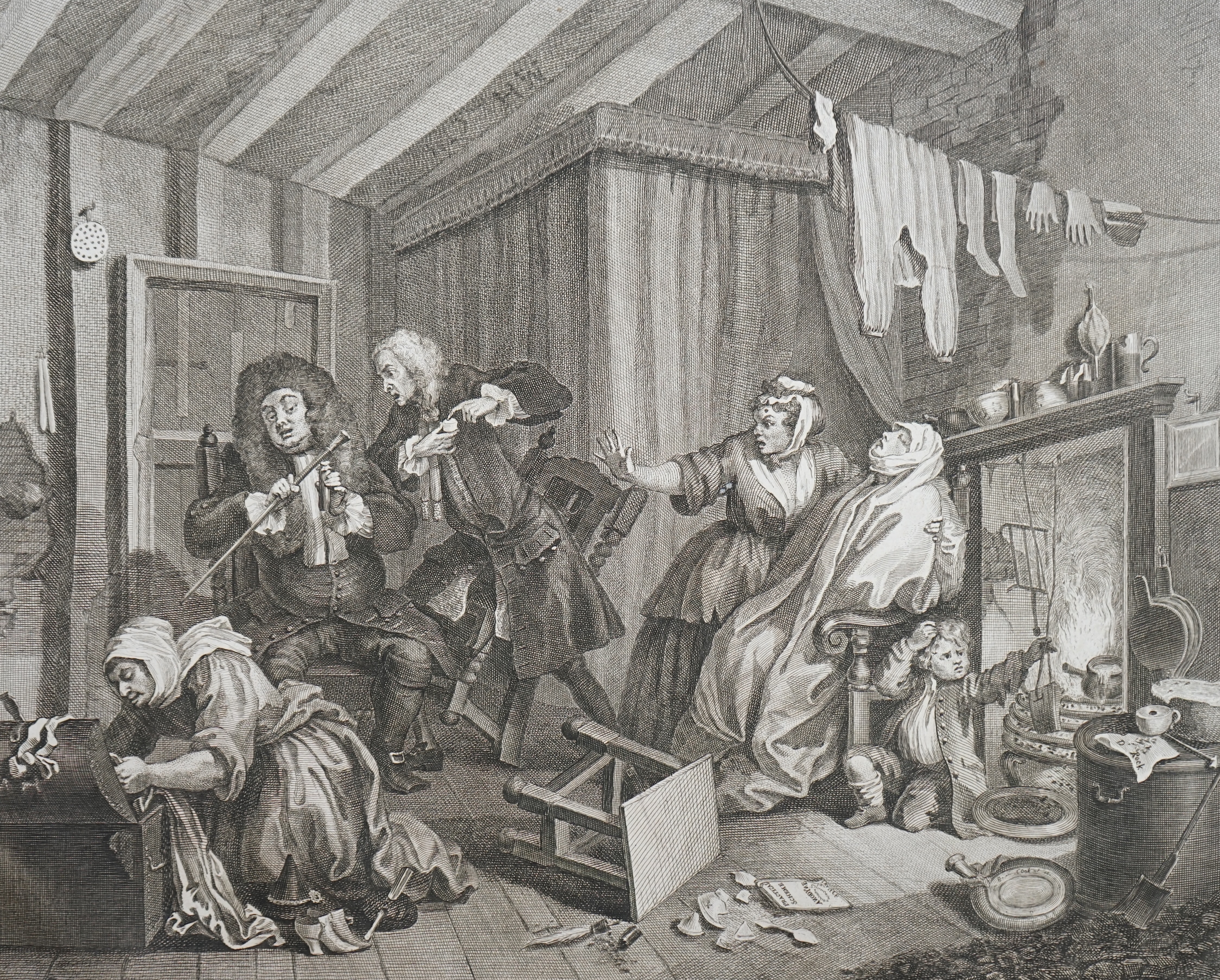 William Hogarth (English, 1697-1764), The Harlots Progress c.1775, Jane Hogarth edition, set of eight engravings, 30.5 x 58cm